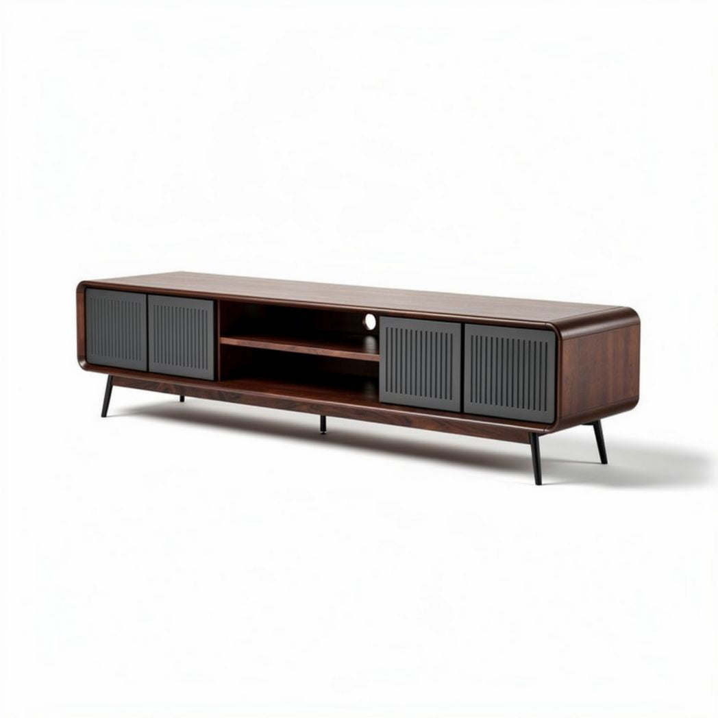Meuble télévision en bois de chêne 180 x 40 x 50 cm avec portes coulissantes grises