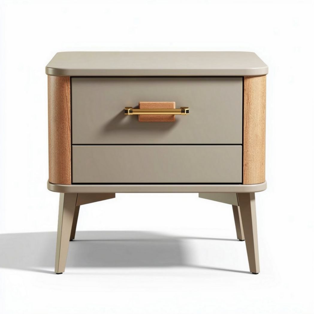 Table de chevet en bois avec tiroirs beige et poignées dorées 40 x 30 x 50cm