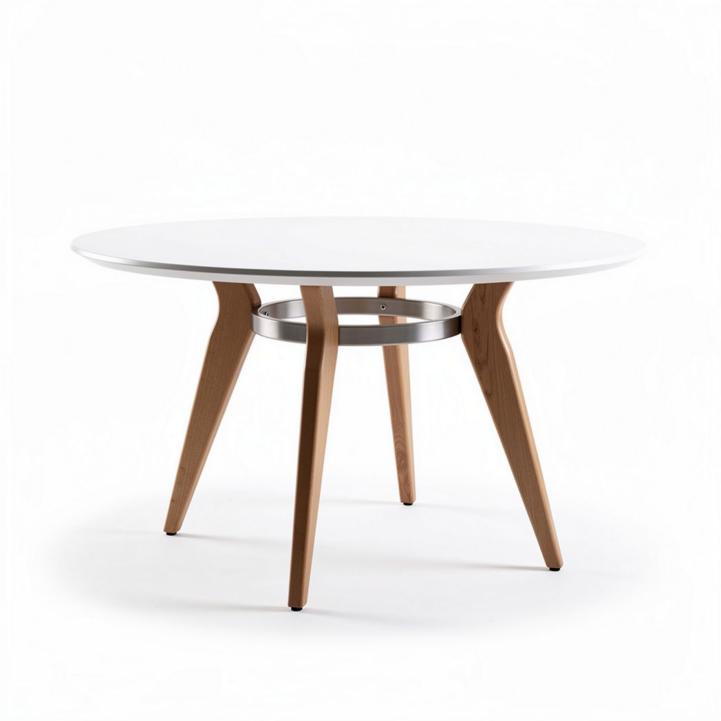 Table ronde blanche en bois de hêtre avec support métallique 90 x 90 x 75cm