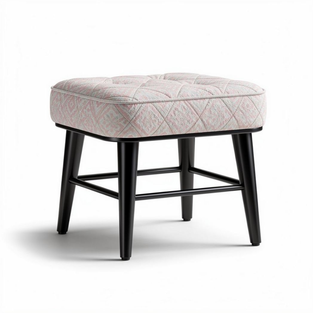 Pouf carré en tissu matelassé rose et pieds en bois noir 40 x 40 x 45cm