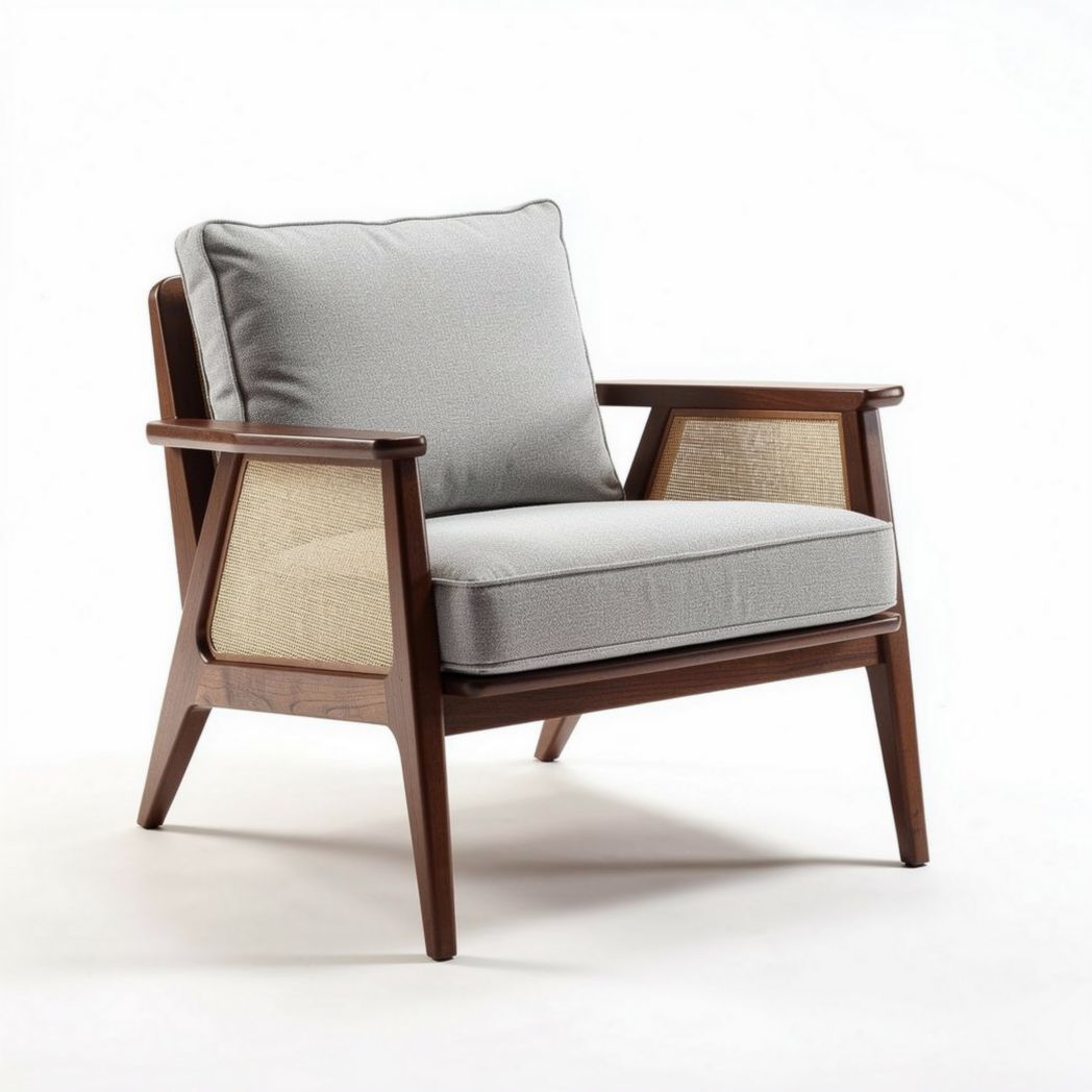 Fauteuil en bois de teck avec coussin gris et détails en rotin 80 x 80 x 75cm