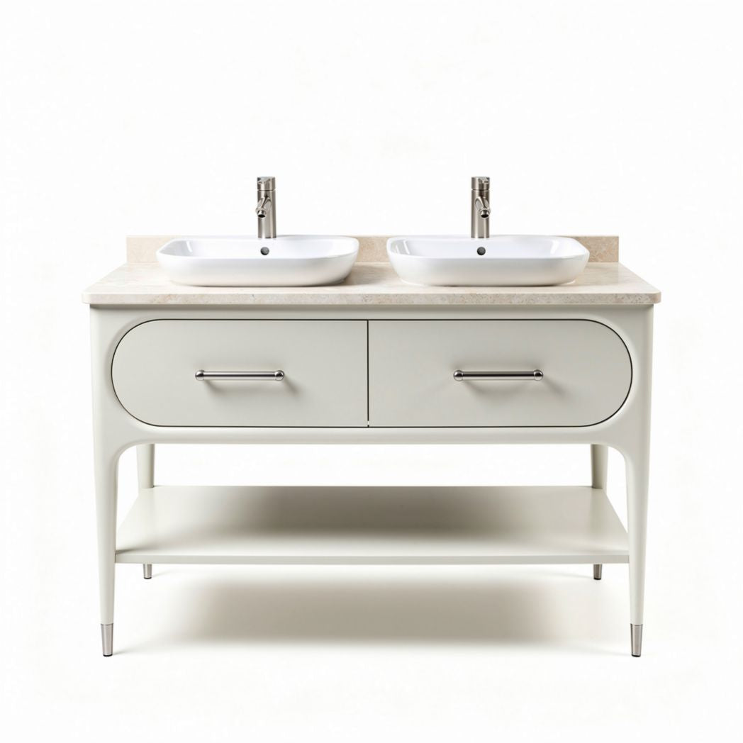 Vasque double en céramique avec meuble en bois gris 120 x 50 x 85cm