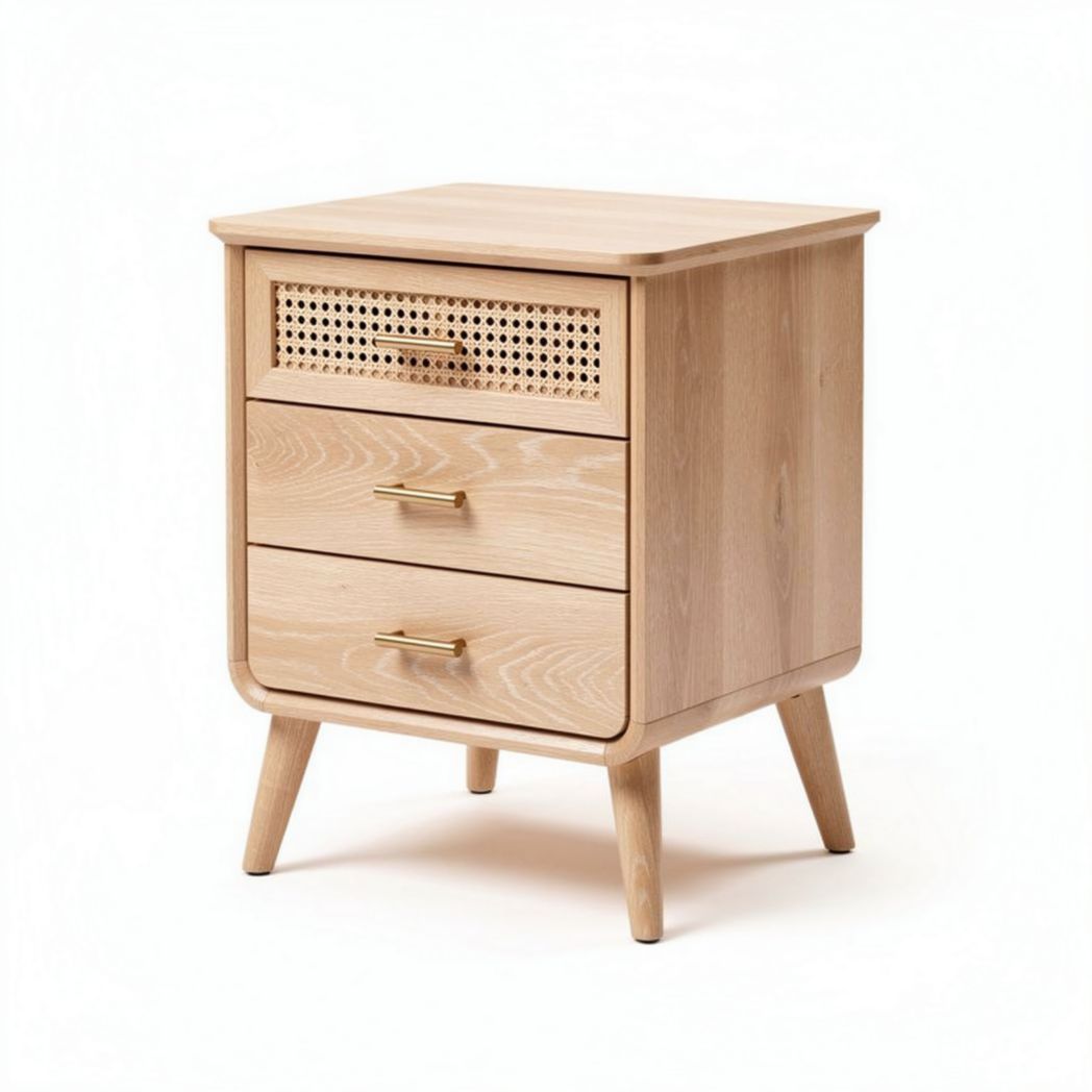 Table de nuit en bois avec tiroirs et design en rotin 50 x 40 x 60cm