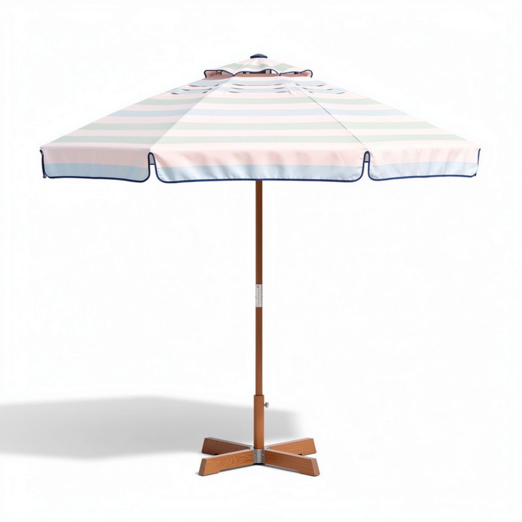Parasol en tissu rayé avec structure en bois 240 x 240 x 250 cm