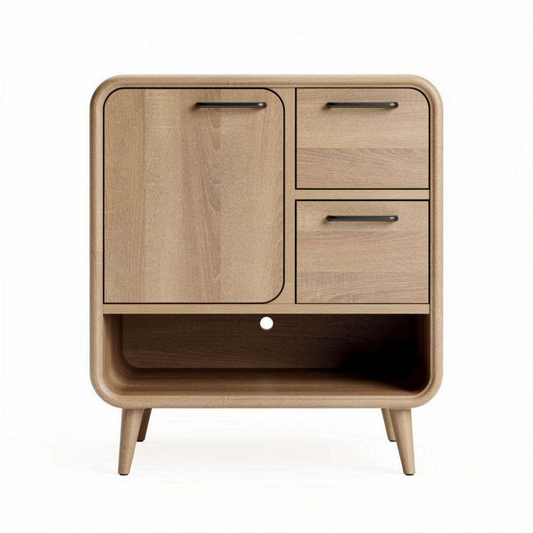 Meuble de rangement en bois clair avec deux tiroirs et une porte dimensions 80 x 40 x 75cm