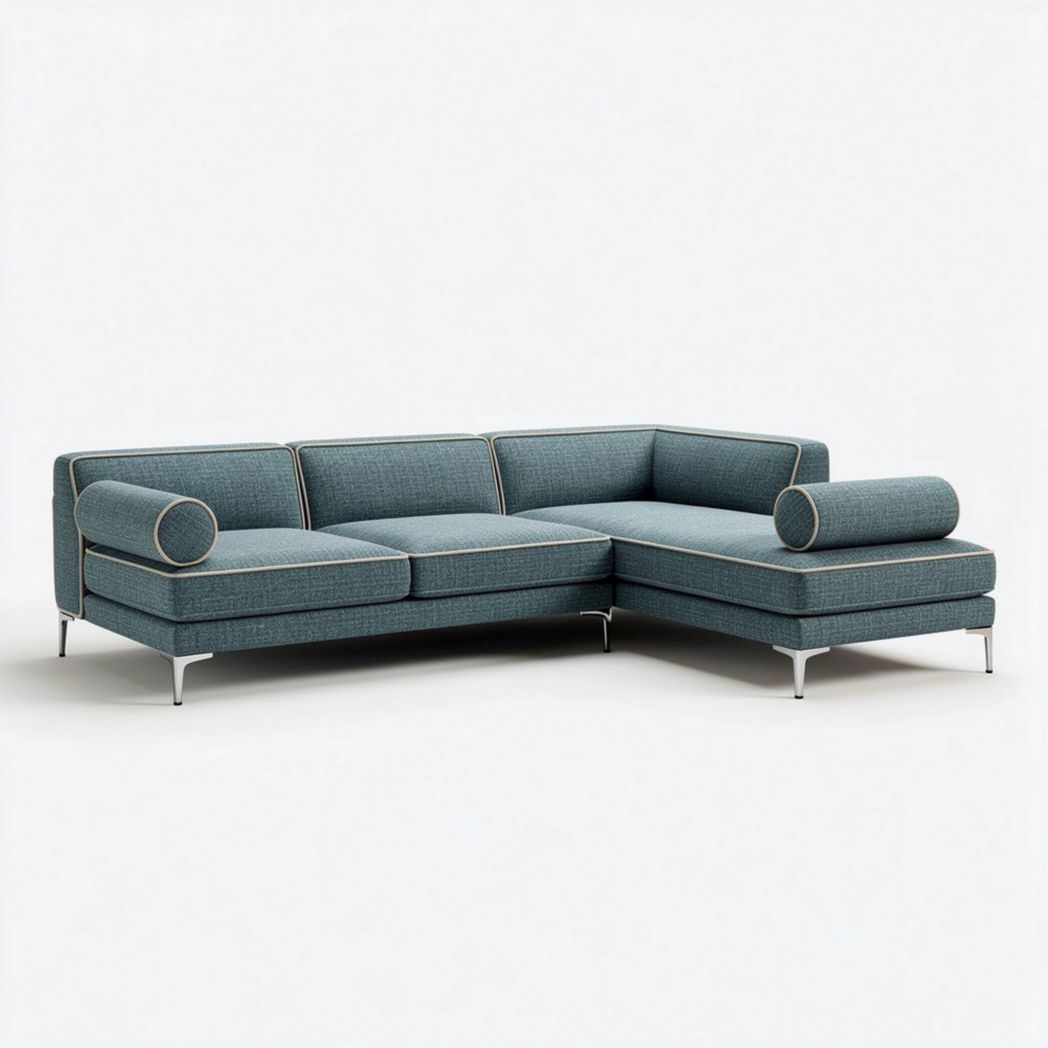 Canapé d'angle en tissu bleu avec coussins en rouleau dimensions 240 x 100 x 85cm